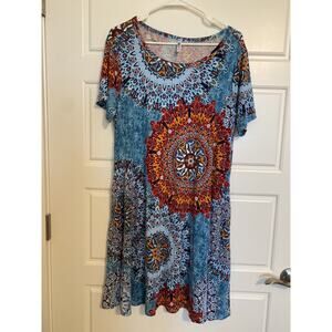 Korsis Midi Shift Dress 2X Blue Multicolor Geometric Flowy Stretchy Fits Small